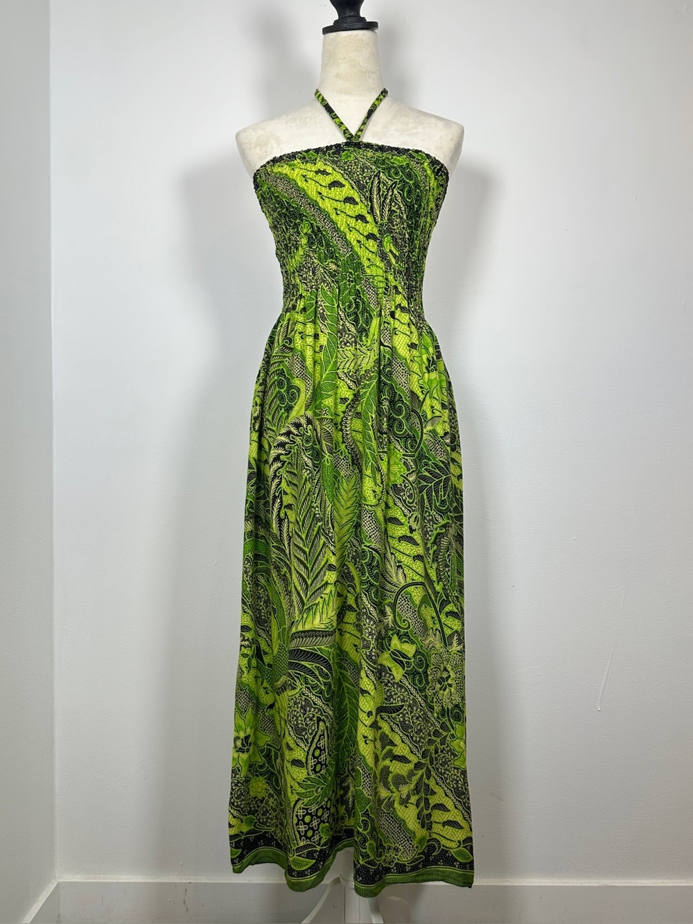 Green Tropical Smocked Halter Maxi Dress